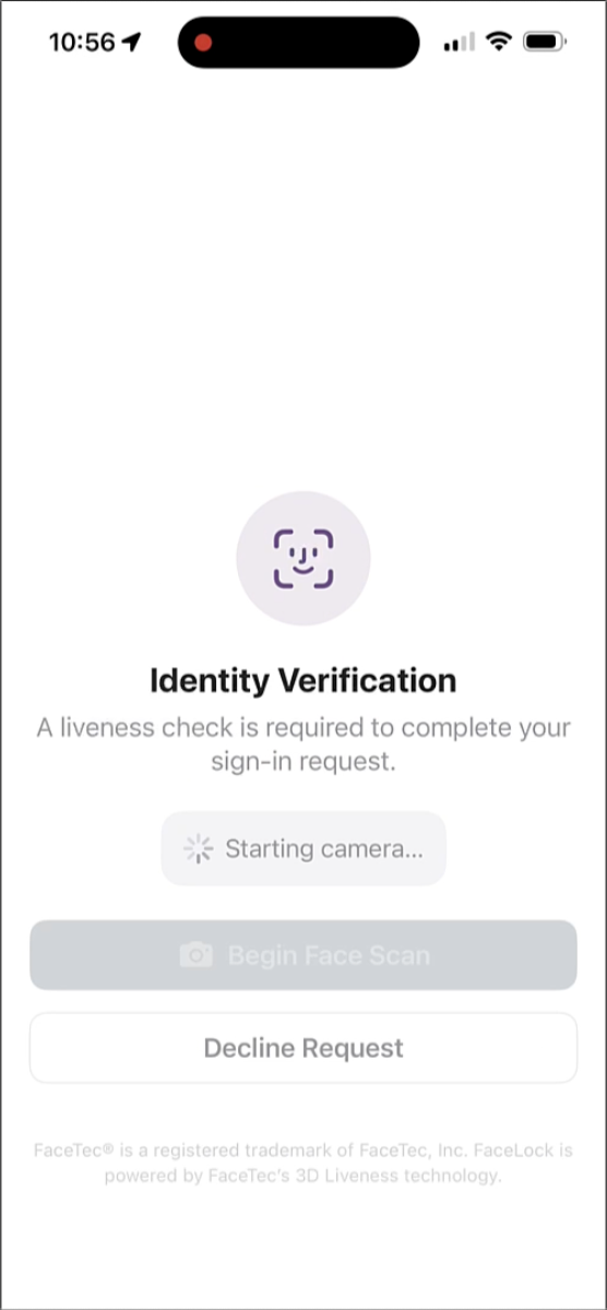 FaceLock identity verification screen preparing the camera for a liveness check