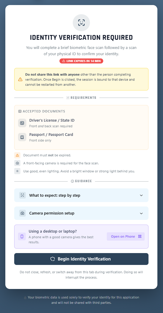 FaceLock remote identity verification for college applicants using 3D liveness and document checks