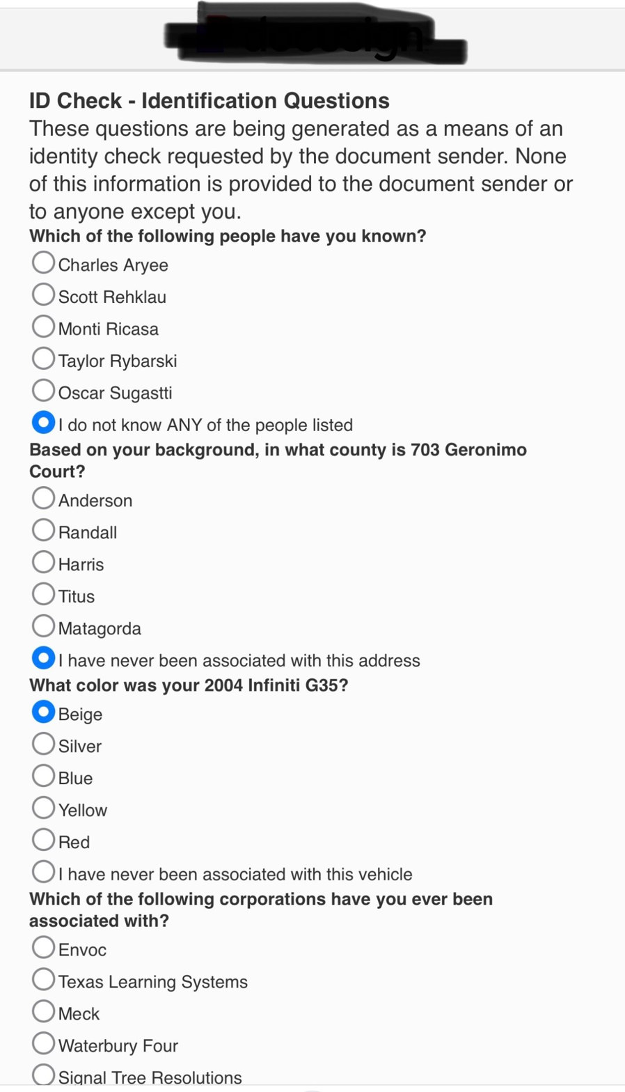 Example of the personal history, past addresses, vehicles, and associations that knowledge-based checks often require.