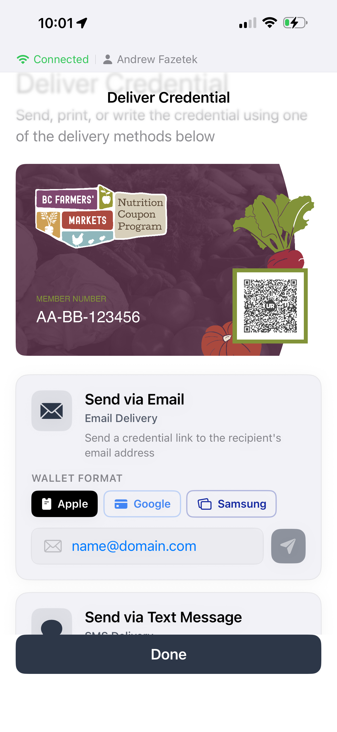 FaceLock credential delivery screen showing options to print a physical card or send to a digital wallet