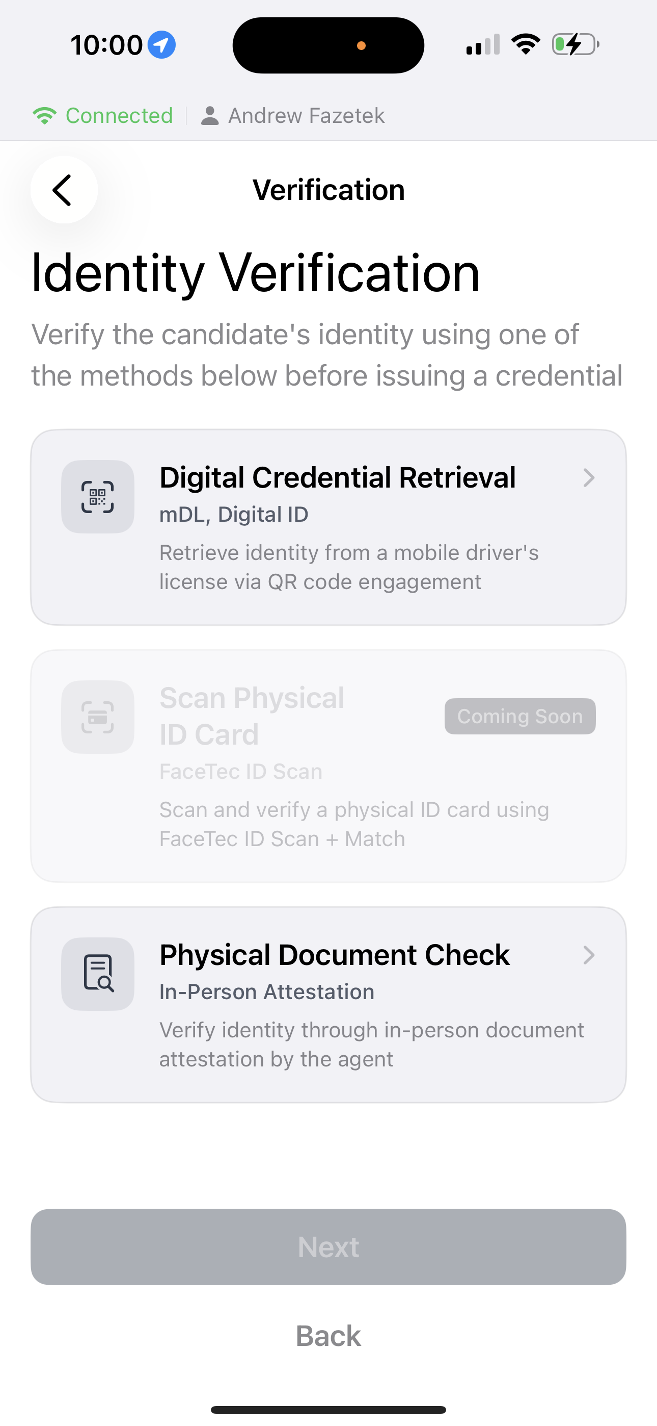 FaceLock Creator app showing identity verification method selection screen