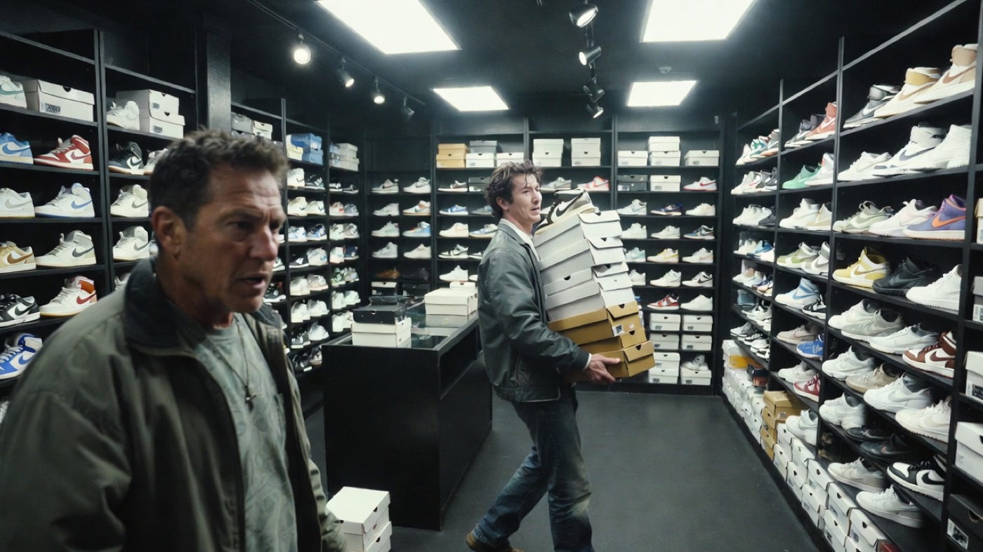 Sneaker stockroom with employee carrying dozens of boxes, illustrating the scale of bulk purchases by automated bots