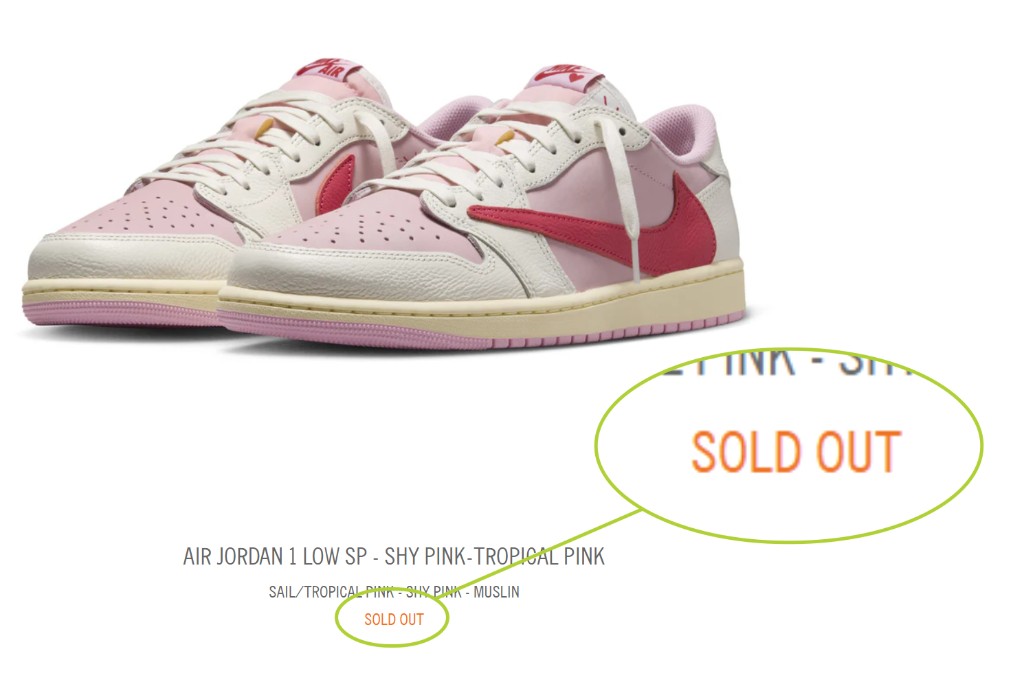 Pair of limited-edition sneakers marked sold out, with callout highlighting how bots purchased the entire stock before real customers could