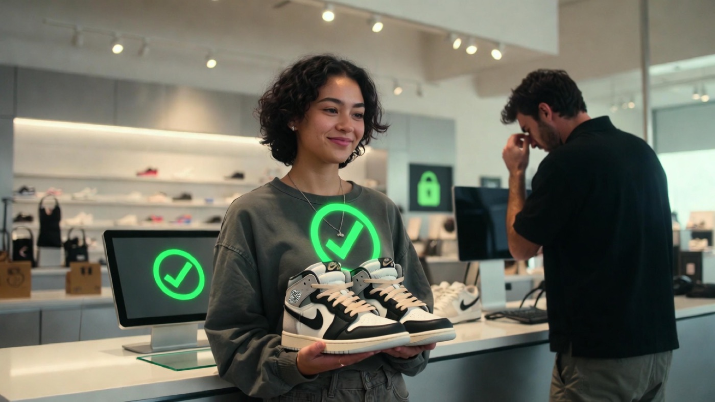 Happy customer receiving verified limited-edition sneakers at a modern retail counter with green biometric confirmation overlays